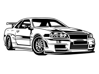 Sports car. Super car. Drift Racing auto. Vector monochrome illustration. Cutting file ploterdatei. T shirt design print vinyl decal. Black and white illustratin