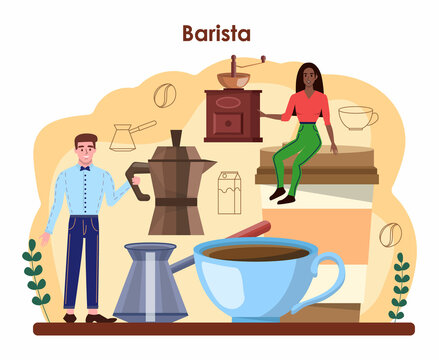 Barista concept. Bartender making a cup of hot coffee. Coffeehouse