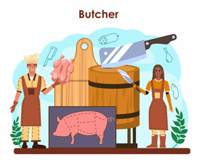 Butcher or meatman concept. Fresh meat and semi-finished products