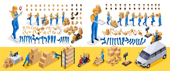 Isometric Create your character, courier, girl and guy from the delivery service. Set of gestures of hands, feet, emotions of the character, a set of different hairstyles. Set 4