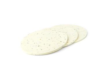 Slice of white cottage cheese with herbs isolated on white background.