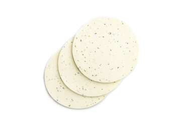 Slice of white cottage cheese with herbs isolated on white background.