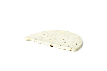 Slice of white cottage cheese with herbs isolated on white background.