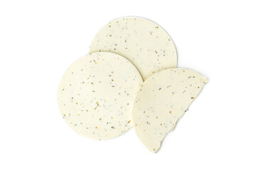 Slice of white cottage cheese with herbs isolated on white background.