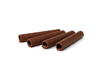Waffle rolls coated chocolate isolated on white background.