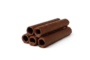Waffle rolls coated chocolate isolated on white background.