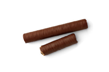 Waffle roll coated chocolate isolated on white background.