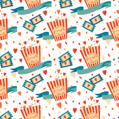 Pop corn with romantic movie tickets and hearts seamless pattern for Valentine's day wallpaper on white background	