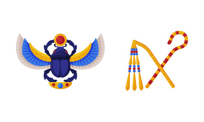 Crossed Sceptre with Whip and Scarab Beetle as Ancient Egyptian Symbol of Power Vector Set