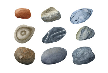 Fototapeta na wymiar Set of color watercolor pebbles, stones is realistic. Hand drawn. In warm and cold colors. For invitations, gift cards, wedding design, menu café and restaurant, fabric and printing.