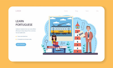 Portuguese language learning web banner or landing page. Language school