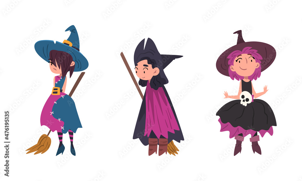 Poster funny girl witch wearing pointed hat holding broom vector set