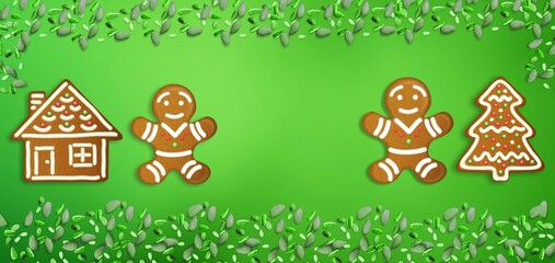 Naklejka premium Happy New Year's set of cookies, gingerbread man, xmas tree, house from ginger biscuits glazed sugar decoration