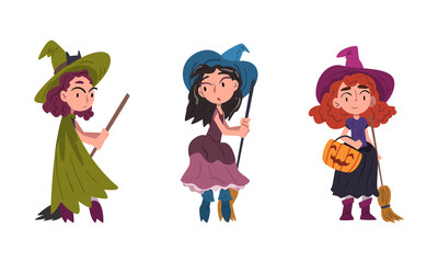 Funny Girl Witch Wearing Pointed Hat Holding Broom Vector Set