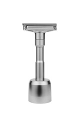 Metal shaving razor with holder isolated on white background.