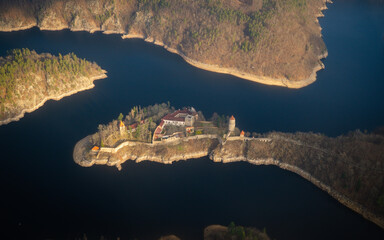 Beautiful aerial view of countryside during private sightseeing flight. Aerial view of Zvikov castle, Czechia. Zvikov castle at the junction of the Vltava and Otava rivers, South Bohemian Region