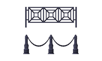 Fence and Metal Road Barrier as City Park Element Vector Set