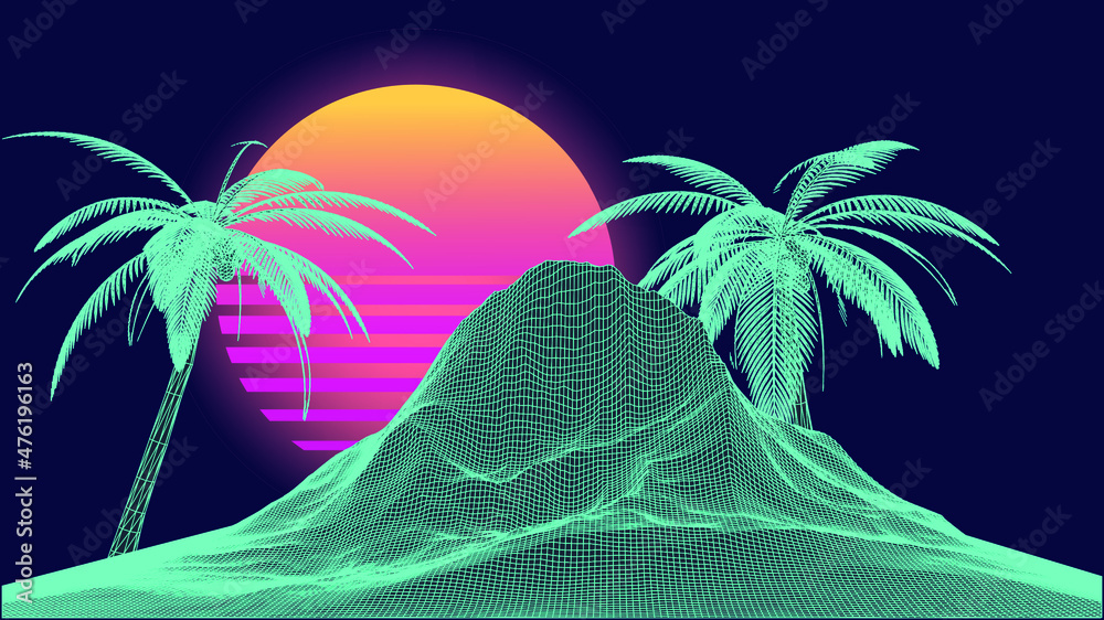 Poster Retro 80s synthwave styled 3D landscape with green laser grid mountains and palm trees. Vector illustration.