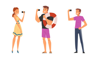 Obraz premium Young Man and Woman Holding Smartphone Having Video Call or Taking Selfie for Social Media Vector Set