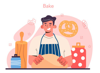 Baker concept. Chef in the uniform baking bread. Baking pastry process.