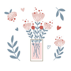 Pink Flowers. Vector set of floral elements with hand drawn flowers.