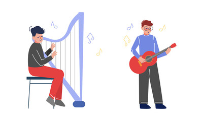 Teen Boy Playing Harp and Guitar as Talented Musician Character Vector Set
