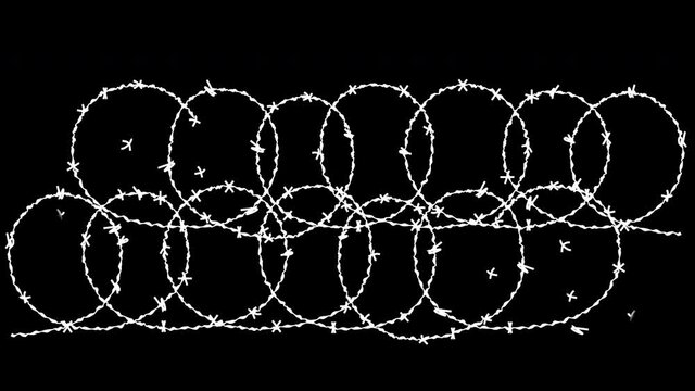 Barbed wire self drawing animation. Symbol of restriction, prison. Black background. Wire fence.