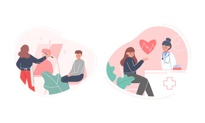 Young Woman Painting Portrait of Man Sitting in Front of Easel and Having Appointment by Doctor Vector Set