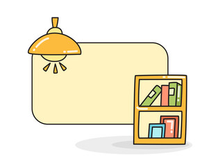blank note board with ceiling lamp and bookshelf vector illustration