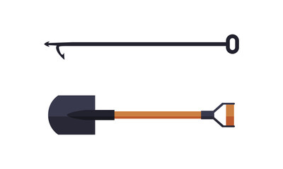 Fire Shovel and Pike Pole or Hook as Firefighting Equipment Vector Set