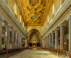 ROME, ITALY - AUGUST 29, 2021: The nave church Basilica di San Crisogono.