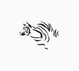 Hand drawn vector abstract stock graphic cartoon illustration with beauty cute trendy wildlife white,drawing tiger,black and white texture isolated on white background. Chinese New Year concept art.
