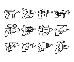 Fototapeta na wymiar space gun and blaster icons set vector line illustration