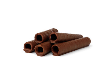 Waffle rolls coated chocolate isolated on white background.