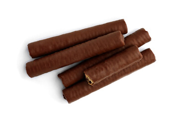 Waffle rolls coated chocolate isolated on white background.