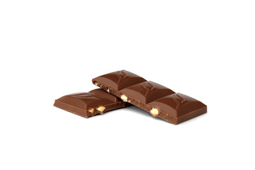 Pieces of chocolate with nuts isolated on white background.