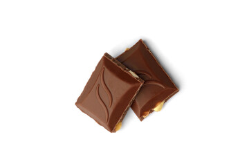 Pieces of chocolate with nuts isolated on white background.