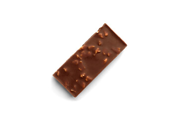 Pieces of chocolate with nuts isolated on white background.