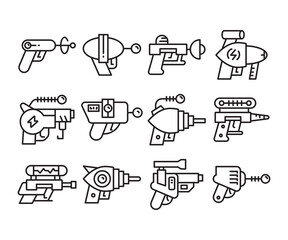 space gun and blaster icons set vector line illustration