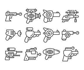 space gun and blaster icons set vector line illustration