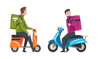 Food Delivery Courier Service with Man on Motor Scooter Carrying Bag Vector Set