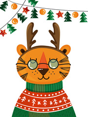 Vector New Year's tiger with deer antlers wearing glasses and a Christmas sweater. Portrait of a tiger on a white background with a garland