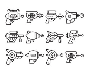 space gun and blaster icons set vector line illustration