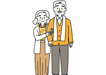 カジュアルなファッションに身を包み腕を組む高齢夫婦　おしゃれで幸福なライフスタイル　ゆるい線画の人物