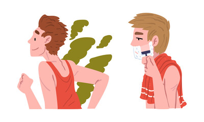 Young Man Running and Shaving in the Morning Engaged in Daily Routine Activity Vector Set