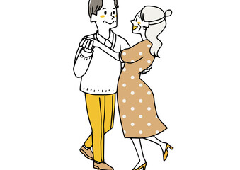 おしゃれをしてダンスを楽しむ老夫婦　ファッションと幸福なライフスタイル　ゆるい線画の人物イラスト