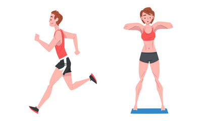 Young Man and Woman Running and Doing Physical Exercise in the Morning Engaged in Daily Routine Activity Vector Set