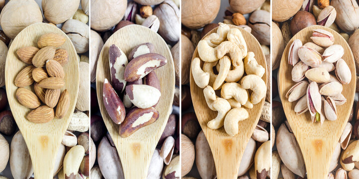 A set of vertical images of different types of nuts. Pistachios, almonds, cashews, Brazil nuts, colorful collage.