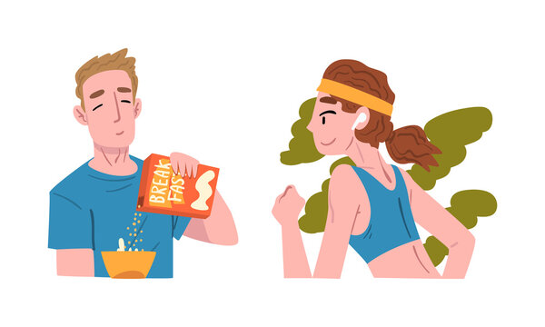 Young Man Eating Breakfast Cereal and Woman Running in the Morning Engaged in Daily Routine Activity Vector Set