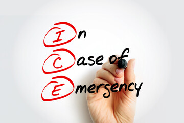 ICE - In Case of Emergency, acronym with marker,  health concept background